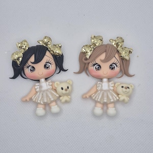 New Year Clay Doll - Clay Doll with a Teddy - Elegant Girl Cabochon - Bow Center