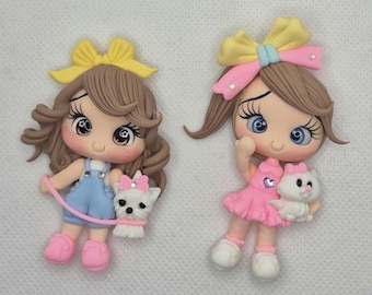 Girl with a pet flatback Clay Doll - Girl with Puppy - Girl with Kitten - Clay Doll for Bows Center - DIY Craft Charm