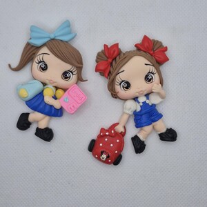Back to School flatback Clay Doll - Girl with Backpack and Books - Back to School Cabochon - Clay Doll for Bows Center - DIY Craft Charm