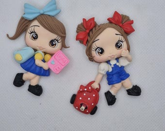 Back to School Clay Doll Cabochon – Handmade Bow Center Craft Charm