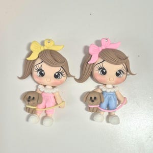 Girl with a pet flatback Clay Doll - Girl with Puppy - Clay Doll for Bows Center - DIY Craft Charm