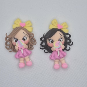Girl with Lolipop Flatback Clay Doll - Summer cabochon - Clay Doll for Bows Center - DIY Craft Charm - Summer Clay Doll