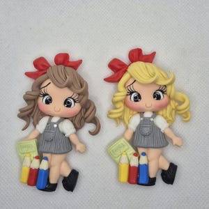 Back to School flatback Clay Doll - Girl with UK School Uniform - Back to School Cabochon - Clay Doll for Bows Center - DIY Craft Charm