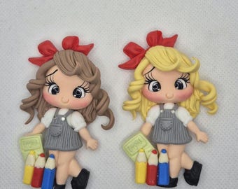 Back to School Clay Doll – UK Uniform Girl Cabochon, DIY Craft Charm