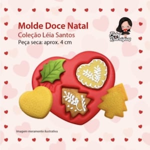 May include: A red silicone mold with a heart shape, containing four different Christmas-themed cookie shapes. The mold includes a holly leaf, a heart, a Christmas tree, and another tree. The text "Molde Doce Natal" is visible.