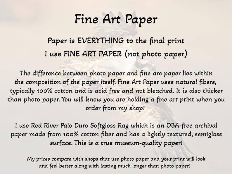 May include: Text explaining the difference between fine art paper and photo paper. The text states that fine art paper is made from 100% cotton and is acid-free and not bleached. It is also thicker than photo paper. The text also mentions that the paper is OBA-free archival and has a lightly textured, semigloss surface. The text is written in a white font on a light brown background.