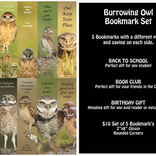 Burrowing Owl Bookmark Set. Amazing Gift! Five Cute and funny Burrowing Owl Photo Bookmarks for any book and/or animal lover.