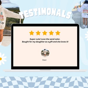 May include: A sand-coloured hoodie with the text "IT'S A BEAUTIFUL DAY TO GO SOMEWHERE NEW" in a retro font. The image also includes a laptop screen displaying customer testimonials with five gold stars and a customer quote.