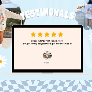 May include: A laptop screen displaying a five-star review for a hoodie with the text "It's a beautiful day to go somewhere new." The review reads "Super cute! Love the sand color. Bought for my daughter as a gift and she loves it!" and is attributed to Staci.