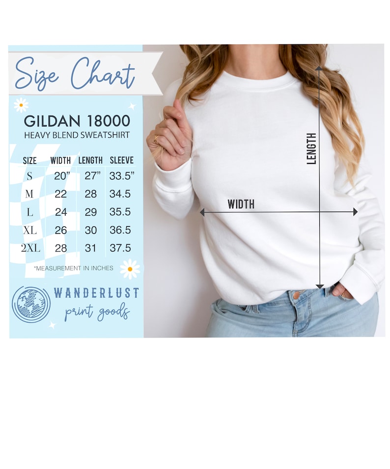 May include: Size chart for a Gildan 18000 heavy blend sweatshirt. The chart shows the width, length, and sleeve measurements in inches for sizes S, M, L, XL, and 2XL.