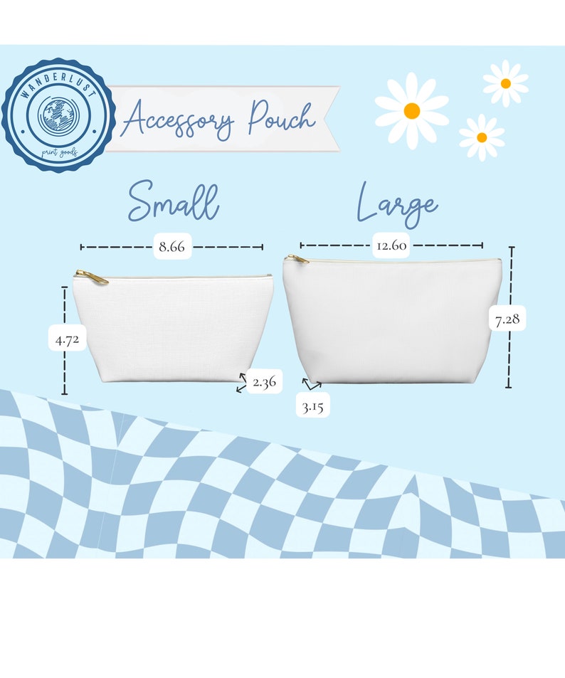 May include: Two white accessory pouches with gold zips are shown against a light blue background. The small pouch measures 22 cm long, 12 cm high, and 6 cm wide. The large pouch is 32 cm long, 18.5 cm high, and 8 cm wide. Text reads 'Accessory Pouch'.