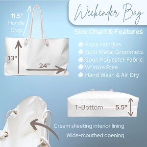 May include: A white Weekender Bag with rope handles and gold metal grommets. The bag is 61 cm wide, 33 cm tall, and has a 14 cm T-bottom. Features include spun polyester fabric, wrinkle-free material, and a cream sheeting interior lining.