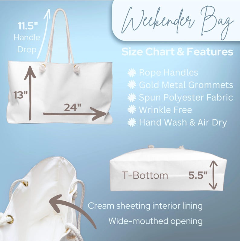 May include: A white Weekender Bag with rope handles and gold metal grommets. The bag is 61 cm wide, 33 cm tall, and has a 14 cm T-bottom. Features include spun polyester fabric, wrinkle-free material, and a cream sheeting interior lining.