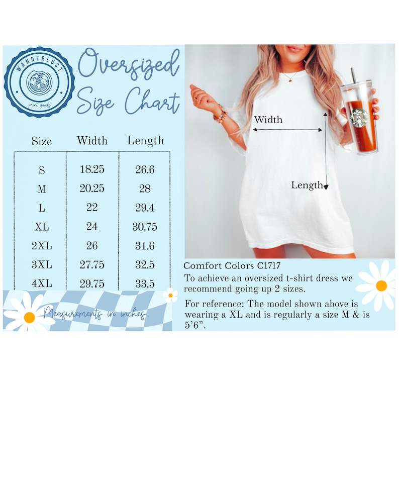 May include: White oversized t-shirt dress with a size chart. The chart shows measurements in inches for sizes S to 4XL. The text on the chart reads "Oversized Size Chart" and "Measurements in inches."
