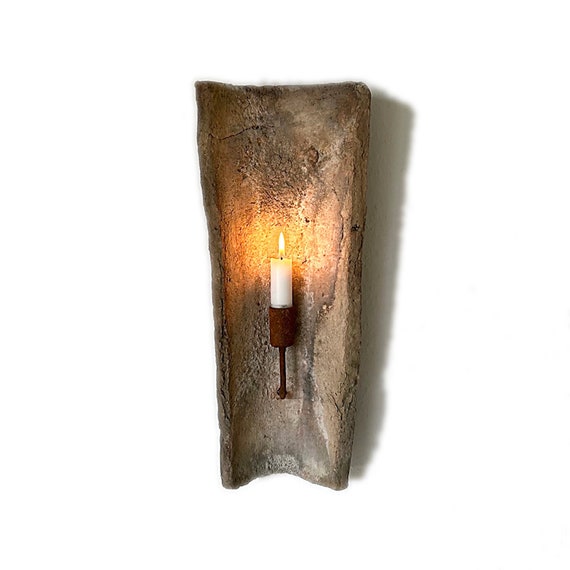 Antique Roof Tile With Candle Holder Made of Rusty Metal. Unique