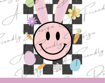 Retro Easter Bunny PNG, Smiley Face PNG, Digital Downloads, Instant Download, Easter sublimation, checkered png, Easter png, png bunny
