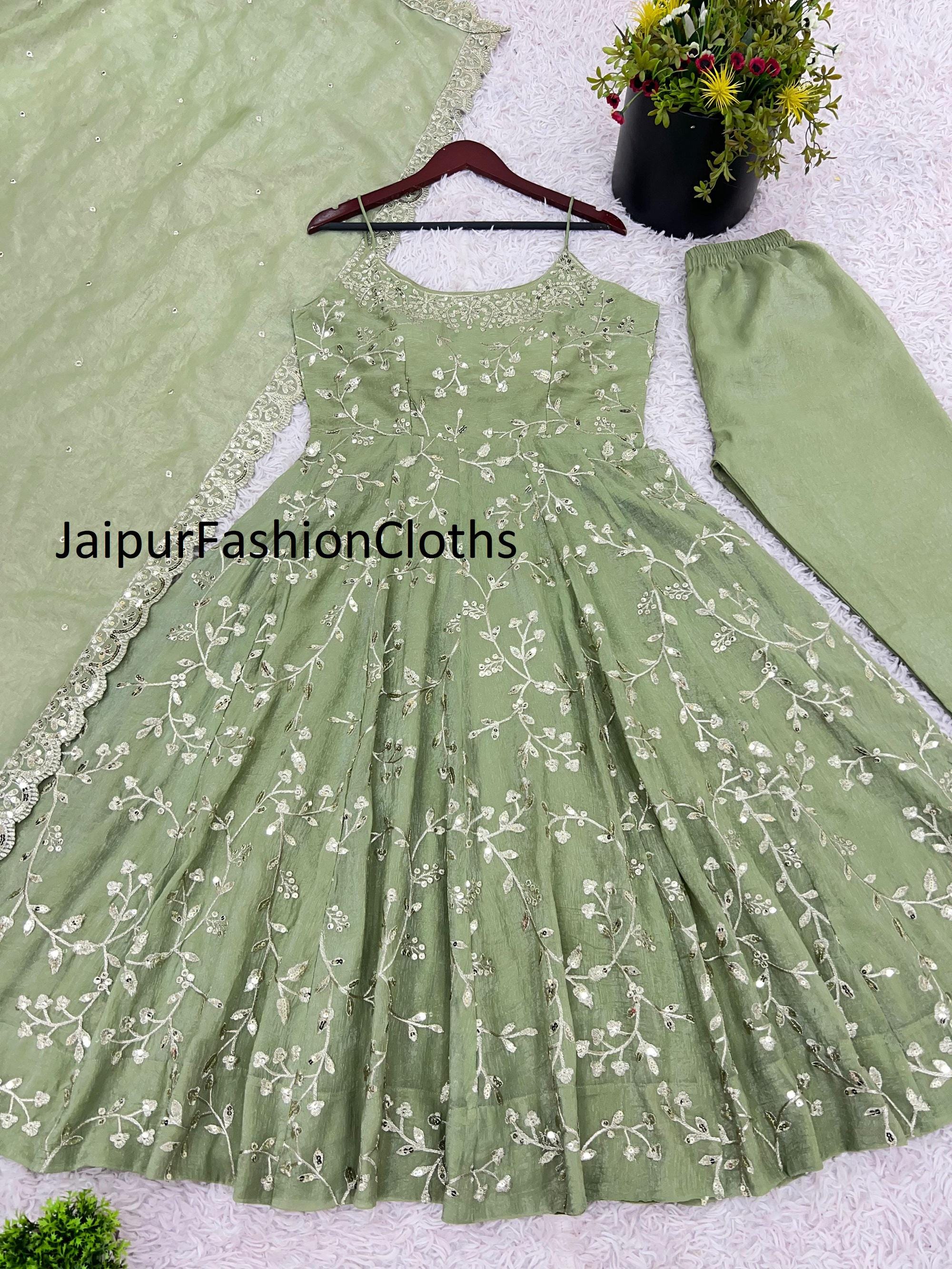 Embroidered Fandy Silk Anarkali Gown Kurti Suit: Green Wedding Dress