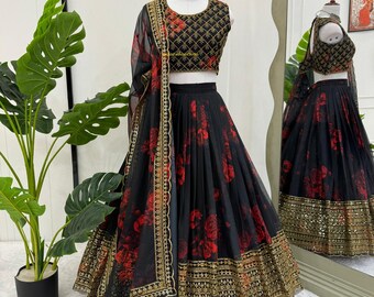 Lehenga Choli de organza bordada: vestido de fiesta de bodas indio