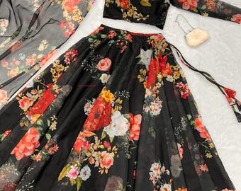 Lehenga de organza floral: vestido de fiesta nupcial de Bollywood, blusa con costuras