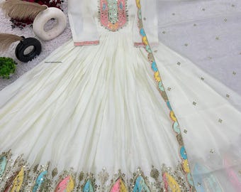 Embroidered Chinon Silk Gown Set: Indian Wedding Anarkali Dress