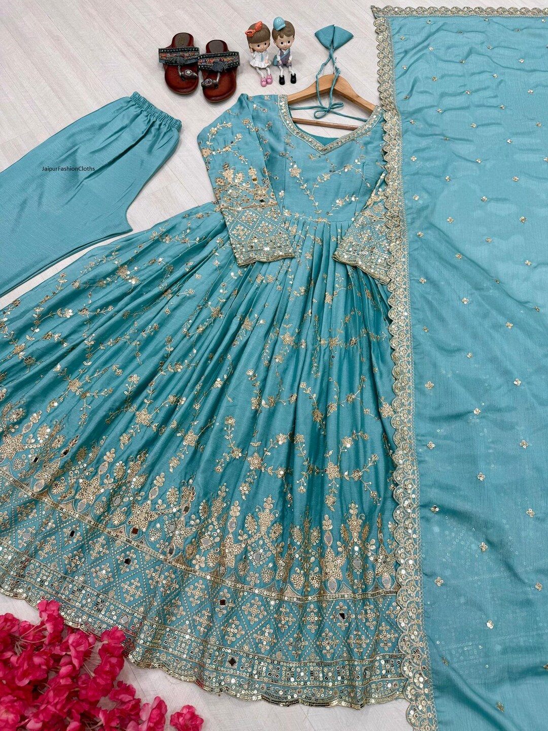 Digital Embroidered Green Chinnon Festive Anarkali Gown