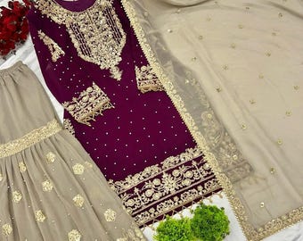 Women&#39;s Multicolor Pakistani Designer Heavy Embroidered With Sequence Work Salwar kameez with Dupatta, Wedding Sharara, Pakistani Eid Suits