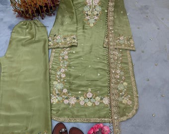 Designer Salwar Kameez Suit Pakistani Indian Dress Patiala Silk Shalwar Kurta Chiffon Dupatta For Girls & Women Farshi Salwar Suit