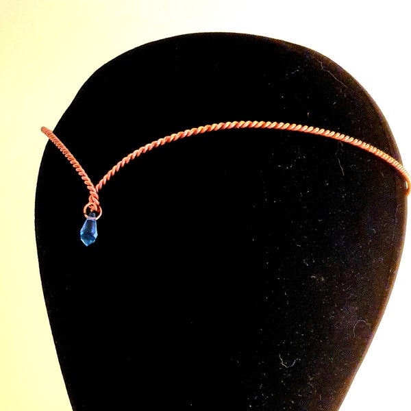 Copper circlet, twist tiara, headpiece, with a sapphire crystal, drop
