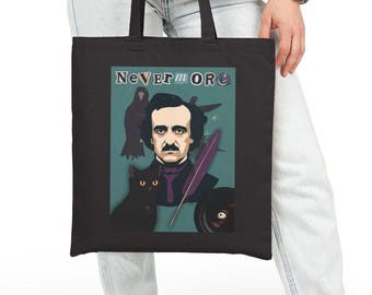 Nevermore Edgar Allan Poe Inspired Cotton Canvas Tote Bag, Gothic Literature Book Lover Gift, Raven Poetry Literary Bookish Accessory, Black
