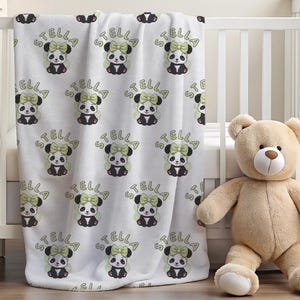 Velveteen Plush Blanket, Kids Panda Blanket, Personalized Children&#39;s Bedding, Cozy Kawaii Throw, Custom Baby Gift, Lime Cream Bow Design