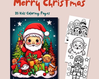 May include: A colorful Christmas-themed coloring book with the text "Merry Christmas" and "35 Kids Coloring Pages." The cover features Santa Claus, gifts, and festive characters. Several black and white coloring pages are also shown.