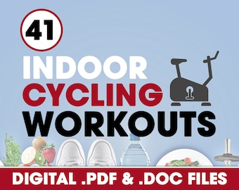 May include: A digital download of 41 indoor cycling workouts. The image shows a stationary bike, a water bottle, and a plate of fruit. The text "DIGITAL .PDF & .DOC FILES" is at the bottom of the image.