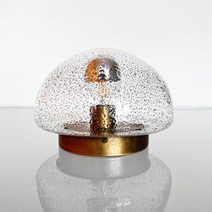 May include: A mushroom-shaped table lamp featuring a clear glass dome shade with a speckled texture. The base is made of a circular, brushed brass-toned metal. Inside the shade, a central light bulb socket is encased in a textured brass-toned metal.