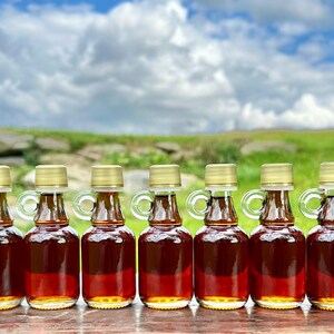 May include: Eight small glass bottles with gold lids filled with a dark amber liquid. The bottles have a small handle on the side and are lined up on a wooden surface.