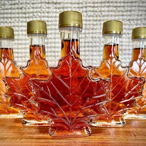 Vermont Maple Syrup Favors: 100mL Glass Maple Leaf Bottles, Set of 6