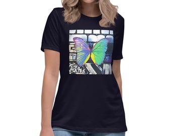 Grafitti Butterfly Women's Relaxed Black T-Shirt, Colorful Graphic Tee Shirt Casual Top, Street, Urban Butterflies Short Sleeve 100% Cotton