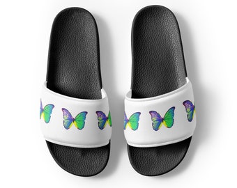 Butterflies Women's slides sandals pool shoes, beach, casual weekend slide-on, slip-on, vibrant purple green footwear insects, unique fun