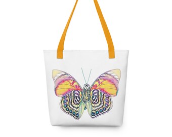 Colorful Butterfly Tote Bag Unique Shoulder Bag, Handbag, Spring Purse, gifts for her, Yellow or Black Straps