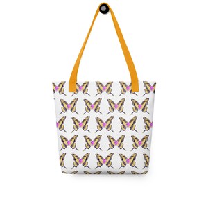 Bolso de mano con mariposas amarillas, bolso con correas, bolso de mariposas para amantes de la naturaleza, colorido, elegante y único, regalo para mujeres, bolso de trabajo, viaje