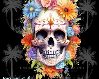 Sugar Skull with Flowers, Boho skull design, Skull sublimation, skull t shirt design, skull clipart, Day of the Dead, Calavera Skull