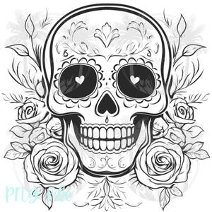 Schwarzer Schädel mit Rosen png, Boho Schädel-Design, Schädel-T-Shirt-Design, Schädel Clipart, Tag der Toten, Färbung Muster, Halloween-Zeichnung