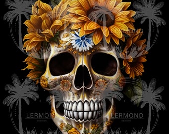 Sugar Skull with Sunflower, Boho skull design, Skull sublimation, skull t shirt design, skull clipart, Day of the Dead, Calavera Skull