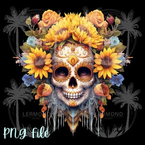 Zuckerschädel mit Sonnenblume, Boho-Totenkopfdesign, Schädelsublimation, Schädel-T-Shirt-Design, Schädel-Clipart, Tag der Toten, Calavera-Schädel