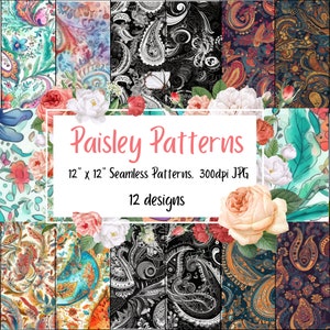 Paisley Seamless Pattern: Floral Scrapbook Paper (12x12 300dpi JPG) (Digital Download)
