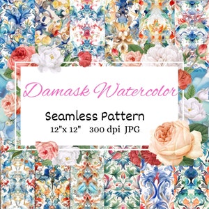 Damask Watercolor Seamless Pattern: Floral Scrapbook Paper (12x12 300dpi JPG) (Digital Download)