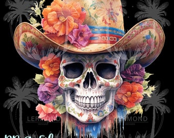 Sugar Skull w/ Flowers and Cowboy hat, Boho skull design, Skull sublimation, t shirt design, skull clipart, Day of the Dead, Calavera Skull