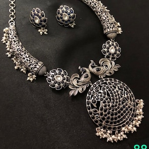 Indian Temple design handmade 925 sterling silver fabulous sapphire stone and pearl necklace jewelry with earrings