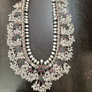 92.5 silver real with fresh water basra pearl necklace/jadau kundan fusion piece/ South Indian Temple piece/guttapusalu/Sabyasacchi Inspired