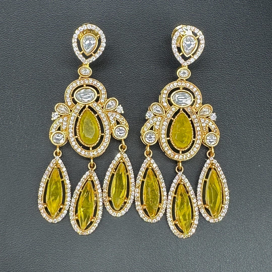 Handmade Gold Tone Dangler Earrings, Citrine Yellow Doublet, Polki ...