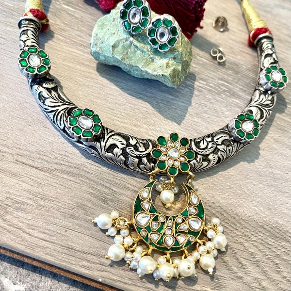 92.5 solid Silver necklace/Hasli set Fusion set with emerald greentops/earrings/studs Choker necklace set  pearls and chitai work oxidised